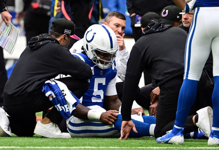 Oct 8, 2023; Indianapolis, Indiana, USA; Indianapolis Colts quarterback Anthony Richardson (5) sits on the field with a shoulder injury during the second quarter against the Tennessee Titans at Lucas Oil Stadium. Mandatory Credit: Marc Lebryk-USA TODAY Sports